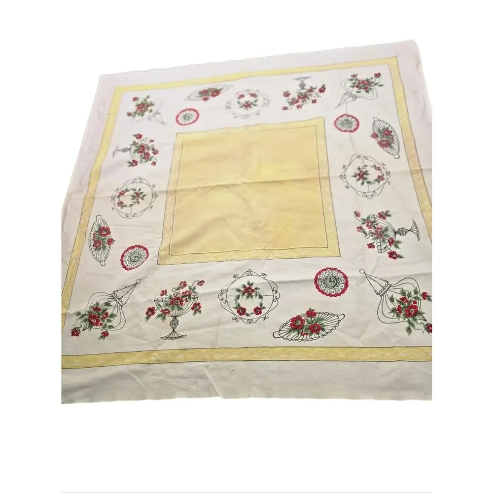 Vintage 60s Cottagecore Floral Tablecloth Retro Farmhouse Kitchen Decor 44x47.5